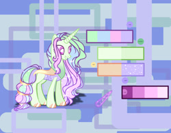 Size: 1280x995 | Tagged: safe, artist:selenavivacity, imported from derpibooru, oc, oc only, oc:nature flower, changepony, hybrid, abstract background, braid, braided tail, colored pupils, female, hybrid oc, interspecies offspring, magic, magic aura, offspring, parent:princess celestia, parent:thorax, parents:thoralestia, reference sheet, shadow, solo, sparkly mane, tail
