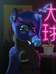 Size: 1500x2000 | Tagged: safe, artist:oldman, imported from derpibooru, princess luna, spike, alicorn, pony, chinese, clothes, cyberpunk, electricity, glowing, glowing horn, horn, jacket, magic, magic aura, neon, soda, solo, telekinesis
