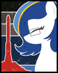Size: 1592x2000 | Tagged: safe, artist:seafooddinner, imported from derpibooru, oc, oc only, oc:ulapone, earth pony, pony, bust, earth pony oc, eyes closed, female, glasses, mare, poster, rocket, signature, solo, space, stars