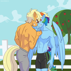 Size: 2048x2048 | Tagged: safe, artist:shallowwin, imported from derpibooru, applejack, rainbow dash, anthro, earth pony, pegasus, abs, appleblitz (gay), appledash, applejack (male), clothes, competition, field, gay, male, male nipples, muscles, nipples, nudity, pants, pecs, rainbow blitz, rule 63, serious, serious face, shipping, spandex, stallion, tight clothing, wings