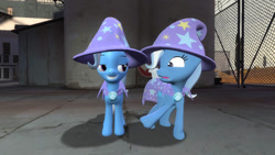 Size: 1192x670 | Tagged: safe, artist:jeffnt2208, imported from derpibooru, trixie, pony, unicorn, 3d, cape, clothes, duality, grin, hat, looking at each other, looking at someone, open mouth, self paradox, self ponidox, smiling, trixie's cape, trixie's hat