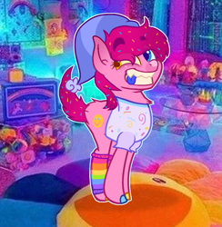 Size: 1078x1106 | Tagged: safe, artist:thatonefluffs, imported from derpibooru, oc, oc only, oc:hush puppy, earth pony, pony, clothes, earth pony oc, hat, kidcore, kinsona, ponysona, shirt, socks, solo, tongue out