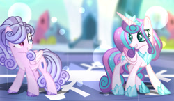 Size: 1157x669 | Tagged: safe, artist:kingbases, artist:selenavivacity, imported from derpibooru, princess flurry heart, oc, oc:snow flower, alicorn, pegasus, base used, blurry background, coat markings, colored hooves, colored pupils, colored wings, crown, crystal empire, duo, duo female, female, gradient wings, heterochromia, hoof shoes, jewelry, older, older flurry heart, pegasus oc, peytral, ponytail, regalia, siblings, sisters, sparkly mane, sunshine sunshine, wings