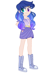 Size: 949x1276 | Tagged: safe, artist:selenavivacity, imported from derpibooru, oc, oc only, oc:dimensional aura, human, equestria girls, boots, bracelet, clothes, colored pupils, cutie mark on clothes, equestria girls-ified, female, heterochromia, jewelry, messy hair, offspring, parent:flash sentry, parent:twilight sparkle, parents:flashlight, simple background, skirt, solo, sparkly mane, transparent background