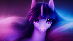 Size: 1920x1080 | Tagged: safe, imported from derpibooru, twilight sparkle, pony, unicorn, abstract background, ai content, ai generated, female, looking at you, mare, solo, wallpaper