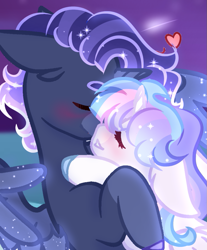 Size: 813x983 | Tagged: safe, artist:lastaimin, artist:selenavivacity, imported from derpibooru, oc, oc only, oc:sapphire moon, oc:selena vivacity, alicorn, alicorn oc, base used, blushing, colored hooves, heart, horn, magical lesbian spawn, night, oc x oc, offspring, offspring shipping, parent:king sombra, parent:princess luna, parent:rainbow dash, parent:twilight sparkle, parents:lumbra, parents:twidash, shipping, shooting star, sparkly mane, sparkly wings, wings