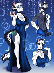 Size: 2560x3440 | Tagged: safe, artist:blackblood-queen, imported from derpibooru, oc, oc only, oc:clarabelle meadow, anthro, earth pony, unguligrade anthro, abstract background, alcohol, anthro oc, back muscles, backless, beautiful, beautisexy, beauty mark, biceps, big breasts, black and white mane, breasts, choker, cleavage, clothes, coat markings, commission, digital art, dress, earth pony oc, eyebrows, eyebrows visible through hair, eyelashes, eyeshadow, female, glass, glasses, hair bun, halterneck, hand on chest, hand on hip, hooves, huge breasts, legs, lidded eyes, lips, looking at you, makeup, meganekko, muscles, muscular female, quadriceps, rear view, seductive, sexy, side slit, solo, spots, sultry pose, thighs, total sideslit, triceps, two toned mane, wide hips, wine, wine glass