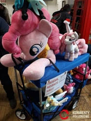 Size: 600x800 | Tagged: safe, imported from derpibooru, pinkie pie, princess celestia, queen chrysalis, cart, clothes, irl, photo, plushie, poland, socks, striped socks