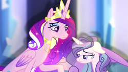 Size: 1185x675 | Tagged: safe, artist:selenavivacity, imported from derpibooru, princess cadance, oc, oc:tormented crystal, alicorn, unicorn, blurry background, colored pupils, colored wings, comforting, concave belly, crown, duo, duo female, ethereal mane, female, floppy ears, gradient wings, horn, hug, jewelry, mare, mascara, mother and child, mother and daughter, offspring, older, older princess cadance, parent:princess cadance, parent:shining armor, parents:shiningcadance, peytral, raised hoof, regalia, shadow, slim, thin, unicorn oc, winghug, wings