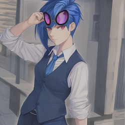 Size: 1024x1024 | Tagged: safe, editor:jesterofdestiny, generator:anything v3, imported from derpibooru, dj pon-3, vinyl scratch, human, ai content, ai generated, anime style, belt, button-up shirt, clothes, dress shirt, generator:stable diffusion, humanized, necktie, pants, rolled up sleeves, shirt, solo, sunglasses, sunglasses on head, vest