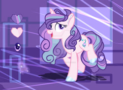 Size: 1045x764 | Tagged: safe, artist:selenavivacity, imported from derpibooru, oc, oc only, oc:tormented crystal, unicorn, abstract background, colored hooves, colored pupils, ear fluff, female, heart shaped, horn, magic, magic aura, mare, offspring, parent:princess cadance, parent:shining armor, parents:shiningcadance, reference sheet, solo, unicorn oc