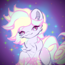 Size: 3000x3000 | Tagged: safe, artist:umbrapone, imported from derpibooru, oc, oc:bass-beat, earth pony, pony, :3, bat ears, cheek fluff, chest fluff, coat markings, dappled, long tail, multicolored eyes, multicolored mane, short mane, solo, sparkles, sparkly background, sparkly eyes, tail, unshorn fetlocks, wingding eyes