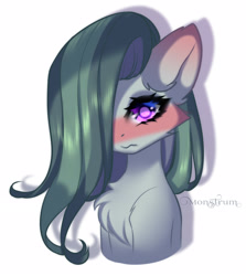 Size: 2332x2612 | Tagged: safe, artist:monstrum, imported from derpibooru, marble pie, earth pony, pony, blushing, chest fluff, cute, eyeshadow, looking at you, makeup, shy, simple background, solo, white background