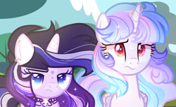 Size: 1142x700 | Tagged: safe, artist:malachitebases, artist:selenavivacity, imported from derpibooru, oc, oc only, oc:aurora night, oc:selena vivacity, alicorn, unicorn, alicorn oc, base used, choker, colored pupils, duo, duo female, ear piercing, earring, female, half-siblings, half-sisters, horn, horn ring, jewelry, magical lesbian spawn, mare, offspring, parent:flash sentry, parent:rainbow dash, parent:twilight sparkle, parents:flashlight, parents:twidash, piercing, ring, siblings, sisters, sparkly mane, unicorn oc, wings