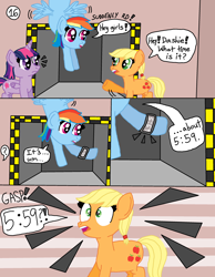 Size: 2550x3278 | Tagged: safe, artist:alyssafire, artist:nightshadowmlp, imported from derpibooru, applejack, rainbow dash, twilight sparkle, comic:five am at pinkie's: the prequel, comic, exclamation point, flying, hatless, missing accessory, shocked