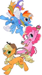 Size: 576x1024 | Tagged: safe, artist:poneko-chan, imported from derpibooru, applejack, pinkie pie, rainbow dash, earth pony, pegasus, pony, applejack's hat, cloud, cowboy hat, cupcake, female, flying, food, hat, mare, mouth hold, open mouth, open smile, rope, simple background, smiling, trio, white background