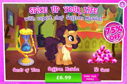 Size: 1962x1298 | Tagged: safe, imported from derpibooru, saffron masala, pony, unicorn, advertisement, clothes, costs real money, ear piercing, earring, english, female, gameloft, gem, horn, hourglass, jewelry, leg bracelet, mare, mobile game, my little pony: magic princess, numbers, official, piercing, sale, solo, solo focus, text