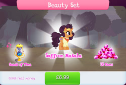 Size: 1264x856 | Tagged: safe, imported from derpibooru, saffron masala, pony, unicorn, bundle, clothes, costs real money, ear piercing, earring, english, female, gameloft, gem, horn, hourglass, jewelry, leg bracelet, mare, mobile game, my little pony: magic princess, numbers, official, piercing, sale, solo, solo focus, text