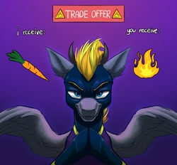 Size: 3070x2852 | Tagged: safe, artist:klarapl, imported from derpibooru, oc, oc only, oc:blaze (shadowbolt), pegasus, pony, carrot, clothes, costume, fire, food, gradient background, high res, hooves together, looking at you, male, meme, pegasus oc, ponified meme, shadowbolts, shadowbolts costume, smiling, smiling at you, solo, spread wings, stallion, text, trade offer, wings
