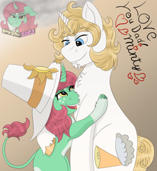 Size: 1102x1200 | Tagged: safe, artist:gray star, imported from derpibooru, oc, oc only, oc:father bright, oc:minty shine (graystar), pony, unicorn, fallout equestria, fallout equestria: all things unequal, fallout equestria:all things unequal (pathfinder), father and child, father and daughter, female, filly, foal, happy, hug, male, nuzzling, redraw, smiling, stallion