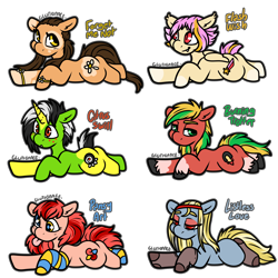 Size: 2000x2000 | Tagged: safe, artist:sexygoatgod, imported from derpibooru, oc, oc only, oc:burning trotter, oc:citrus swirl, oc:flash wish, oc:forget me not, oc:listless love, oc:pansy art, bat pony, earth pony, pony, unicorn, adoptable, bedroom eyes, bracelet, clothes, derp, fangs, female, jewelry, male, simple background, socks, stockings, striped socks, thigh highs, tired, tongue out, transparent background