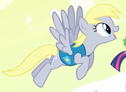 Size: 539x394 | Tagged: safe, imported from derpibooru, screencap, derpy hooves, pegasus, pony, season 1, winter wrap up, blue eyes, cropped, female, flying, mare, sky, solo, weather team, winter wrap up vest, wrong eye color, yellow sky