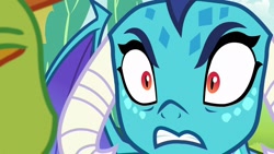 Size: 1920x1080 | Tagged: safe, imported from derpibooru, screencap, princess ember, thorax, changedling, changeling, dragon, season 7, triple threat, 1080p, angry, dragoness, duo, female, gritted teeth, king thorax, looking at each other, looking at someone, male, teeth