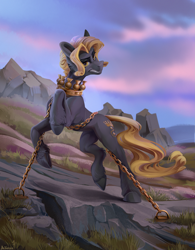 Size: 4143x5311 | Tagged: safe, artist:mithriss, imported from derpibooru, oc, oc only, oc:coldstream, earth pony, pony, absurd file size, absurd resolution, chains, crown, ear fluff, earth pony oc, evil, eyebrows, fangs, frown, gold, grass, hooves, jewelry, looking at you, male, raised leg, regalia, rock, signature, solo, stallion, sunset, teeth, wasteland