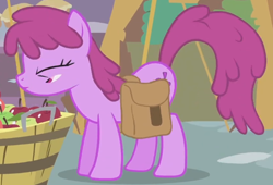 Size: 592x402 | Tagged: safe, imported from derpibooru, screencap, berry punch, berryshine, earth pony, pony, call of the cutie, season 1, animation error, apple, bag, cropped, female, food, mare, saddle bag, solo, solo focus