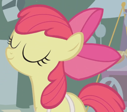 Size: 632x557 | Tagged: safe, edit, edited screencap, imported from derpibooru, screencap, apple bloom, earth pony, pony, call of the cutie, season 1, animation error, apple bloom's bow, apron, bow, clothes, cropped, eyes closed, female, filly, foal, hair bow, solo, solo focus