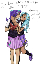 Size: 841x1270 | Tagged: safe, artist:elisdoominika, imported from derpibooru, starlight glimmer, trixie, human, book, clothes, female, hug, hug from behind, humanized, kneesocks, lesbian, looking at each other, looking at someone, one leg raised, school uniform, shipping, simple background, skirt, smiling, smiling at each other, socks, startrix, tan skin, text, transparent background
