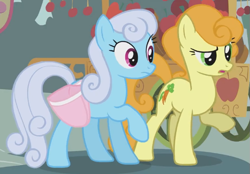 Size: 615x429 | Tagged: safe, imported from derpibooru, screencap, carrot top, golden harvest, linky, shoeshine, earth pony, pony, call of the cutie, season 1, bag, confused, cropped, female, mare, ponies standing next to each other, ponyville, raised hoof, saddle bag, standing