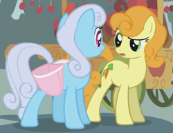 Size: 563x435 | Tagged: safe, imported from derpibooru, screencap, carrot top, golden harvest, linky, shoeshine, earth pony, pony, call of the cutie, season 1, bag, confused, cropped, female, looking at each other, looking at someone, mare, ponies standing next to each other, ponyville, saddle bag, standing