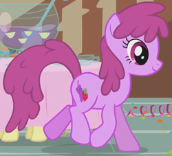 Size: 539x490 | Tagged: safe, imported from derpibooru, screencap, berry punch, berryshine, earth pony, pony, call of the cutie, season 1, animation error, background pony, cropped, female, mare, punch (drink), punch bowl, table, trotting