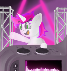 Size: 4540x4800 | Tagged: safe, artist:gean, imported from derpibooru, oc, oc:gl!tter d!sk, pony, unicorn, photo, simple background, solo, speaker, turntable