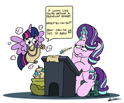 Size: 1986x1653 | Tagged: safe, artist:bobthedalek, imported from derpibooru, starlight glimmer, twilight sparkle, alicorn, pony, unicorn, clippit, desk, dialogue, friendship report, glowing, glowing horn, horn, inconvenient twilight, magic, magic aura, microsoft, microsoft office, quill, scroll, simple background, speech bubble, starlight glimmer is not amused, telekinesis, twilight sparkle (alicorn), unamused, white background