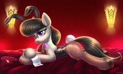 Size: 5000x3000 | Tagged: safe, artist:atlas-66, imported from derpibooru, octavia melody, earth pony, pony, 2023, bed, bunny ears, bunny suit, bunny tail, chinese new year, clothes, costume, ear fluff, female, lamp, looking at you, mare, pantyhose, playboy, playboy bunny, playpony, room, smiling, tail, year of the rabbit