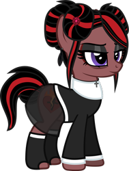 Size: 899x1192 | Tagged: safe, alternate version, artist:lightningbolt, derpibooru exclusive, imported from derpibooru, oc, oc only, oc:victoria anchorite, earth pony, pony, .svg available, bags under eyes, bun, clothes, cross, cross necklace, ear piercing, earring, eyeshadow, feather, female, jewelry, lidded eyes, makeup, mare, necklace, nun, nun outfit, piercing, show accurate, simple background, skirt, socks, solo, standing, svg, transparent background, vector