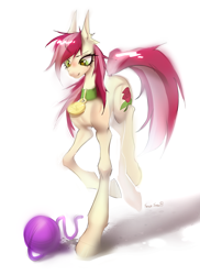 Size: 3500x4800 | Tagged: safe, artist:satan, imported from derpibooru, roseluck, earth pony, pony, behaving like a cat, collar, commission, commissioner:doom9454, cute, muscles, pet tag, pony pet, rosepet, simple background, solo, thin, white background, yarn, yarn ball