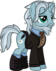 Size: 992x1262 | Tagged: safe, artist:lightningbolt, derpibooru exclusive, imported from derpibooru, oc, oc only, oc:cadaverous poe, pony, unicorn, .svg available, bags under eyes, beard, clothes, facial hair, horn, jacket, lidded eyes, male, messy mane, messy tail, moustache, necktie, shirt, shoes, show accurate, simple background, socks, solo, stallion, suit jacket, svg, tail, transparent background, undershirt, vector