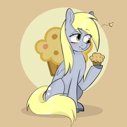 Size: 1280x1280 | Tagged: safe, artist:iggigvin69, imported from derpibooru, derpy hooves, pegasus, pony, floating heart, food, heart, muffin, sitting, solo, that pony sure does love muffins