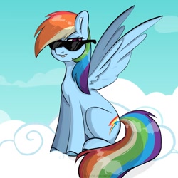 Size: 1280x1280 | Tagged: safe, artist:iggigvin69, imported from derpibooru, rainbow dash, pegasus, pony, cloud, on a cloud, sitting, sitting on a cloud, solo, sunglasses