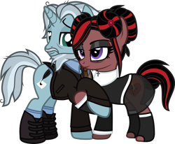 Size: 1530x1262 | Tagged: safe, artist:lightningbolt, derpibooru exclusive, imported from derpibooru, oc, oc only, oc:cadaverous poe, oc:victoria anchorite, earth pony, pony, unicorn, .svg available, bags under eyes, beard, bun, clothes, cross, cross necklace, duo, ear piercing, earring, eyeshadow, facial hair, feather, female, happy, holding hooves, horn, husband and wife, jewelry, lidded eyes, makeup, male, mare, married couple, messy mane, messy tail, moustache, necklace, nun, nun outfit, piercing, shipping, shoes, show accurate, simple background, skirt, socks, stallion, standing, straight, suit jacket, svg, tail, transparent background, vector