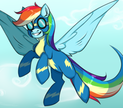 Size: 512x450 | Tagged: safe, artist:iggigvin69, imported from derpibooru, rainbow dash, pegasus, pony, clothes, flying, goggles, sky background, solo, uniform, wonderbolts uniform
