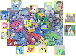 Size: 854x631 | Tagged: safe, alternate version, artist:artflicker, imported from derpibooru, angel bunny, archer (character), big macintosh, blue buck, blues, caramel, deep blue, derpy hooves, dinky hooves, doctor whooves, dust devil, fluttershy, noteworthy, pinkie pie, pokey pierce, scootablue, snails, time turner, toffee, trixie, tropical storm, earth pony, pegasus, pony, unicorn, angela bunny, blushing, boop, bubble berry, butterreina, butterscotch, cigarette, colt, dopey hooves, female, fluttermac, foal, goggles, goggles on head, grin, limited palette, macareina, male, mare, melodyworth, noseboop, poppy pin, rule 63, screencap reference, sharp teeth, shipping, simple background, smiling, smoking, spice, stallion, straight, sweat, sweatdrop, teeth, the doctoress, tristan, twerpy hooves, wavy mouth, white background