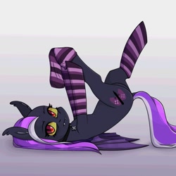 Size: 1280x1280 | Tagged: safe, artist:iggigvin69, imported from derpibooru, oc, oc only, oc:iggi, bat pony, pony, bat pony oc, choker, clothes, legs in air, looking at you, red eyes, socks, solo, striped socks, yellow sclera
