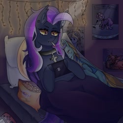 Size: 768x768 | Tagged: safe, artist:iggigvin69, imported from derpibooru, oc, oc only, oc:iggi, bat pony, pony, bat pony oc, bed, body pillow, chips, choker, cigarette, food, hoof hold, implied lightning dust, in bed, iphone, poster, red eyes, smoking, solo, string lights, yellow sclera