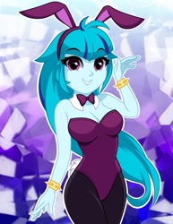 Size: 925x1200 | Tagged: safe, artist:rosemile mulberry, imported from derpibooru, sonata dusk, human, equestria girls, bare shoulders, bowtie, bracelet, breasts, bunny ears, bunny suit, busty sonata dusk, cleavage, clothes, female, jewelry, legs together, playboy bunny, playboy bunny sonata dusk, sleeveless, solo, strapless