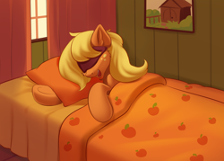 Size: 2068x1482 | Tagged: safe, artist:kittytitikitty, imported from derpibooru, applejack, earth pony, pony, bed, bedroom, cute, jackabetes, sleep mask, sleeping, smiling, snoring, solo