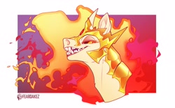 Size: 2931x1822 | Tagged: safe, artist:kez, imported from derpibooru, daybreaker, alicorn, pony, abstract background, armor, bust, colored, criniere, ear fluff, eyelashes, fangs, fiery mane, frame, grin, helmet, high res, horn, lidded eyes, looking at you, neck armor, neck fluff, open mouth, portrait, shading, sharp teeth, short horn, signature, smiling, solo, sternocleidomastoid, teeth, toothy grin